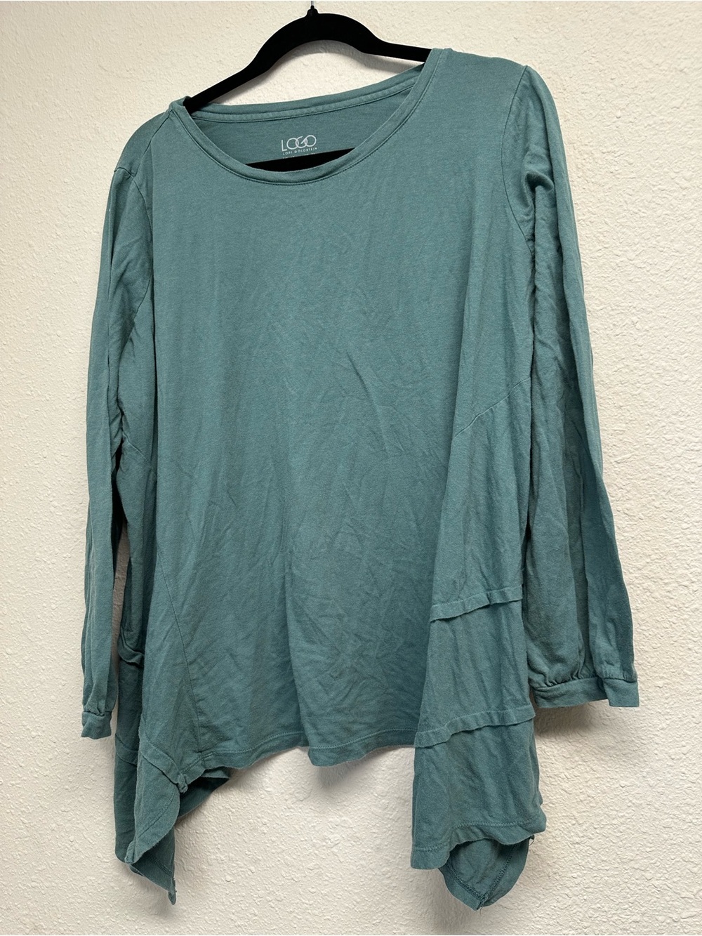 LOGO Lori Goldstein Dusty Teal Long-Sleeve Asymmetric Tunic Cotton Modal Blend